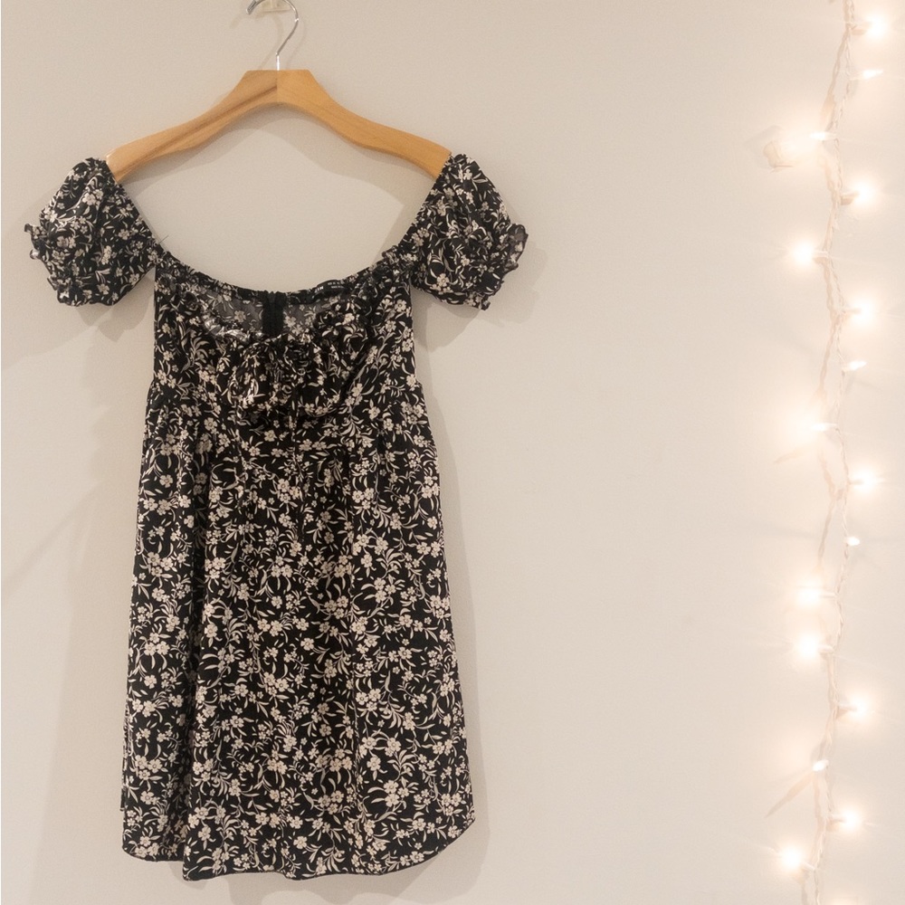 Black Floral Dress with Sleeve Frills